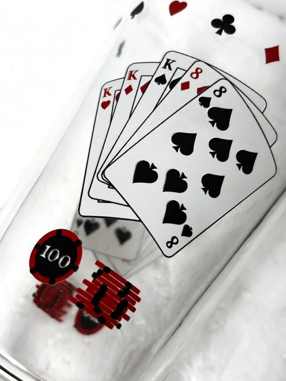 VTG Barware Set of 4 Beer Glasses Full House Playing Cards  w/ Poker Chips